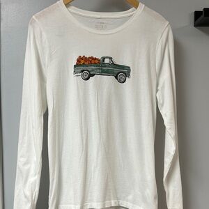 J Crew White Long Sleeve with Green Truck and Orange Pumpkins Sz L